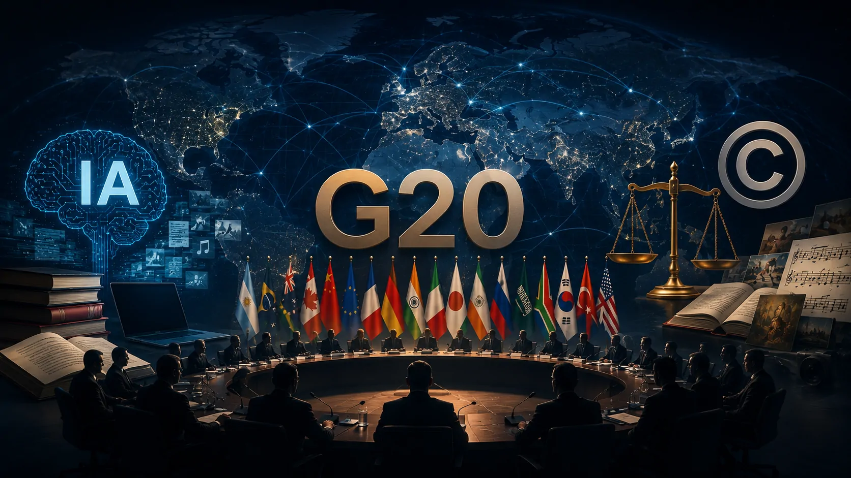Representação global do G20 conectando governos, empresas de IA e direitos autorais