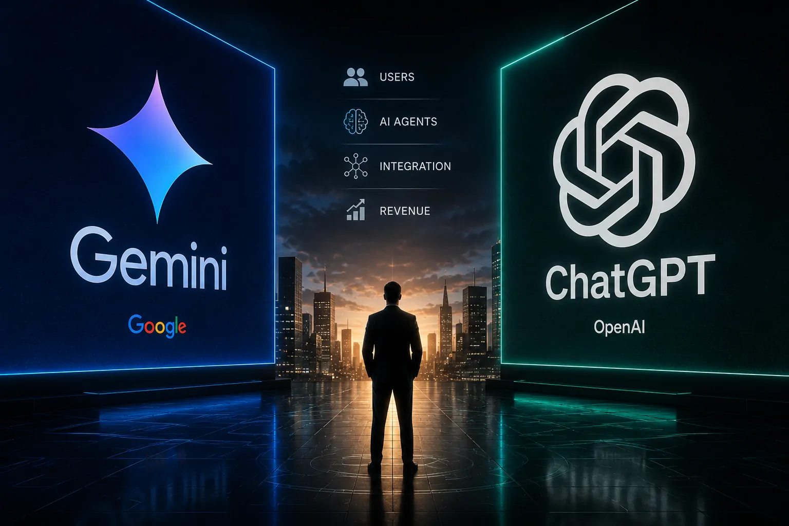 Google and OpenAI represented as AI platforms competing for agents, businesses and users