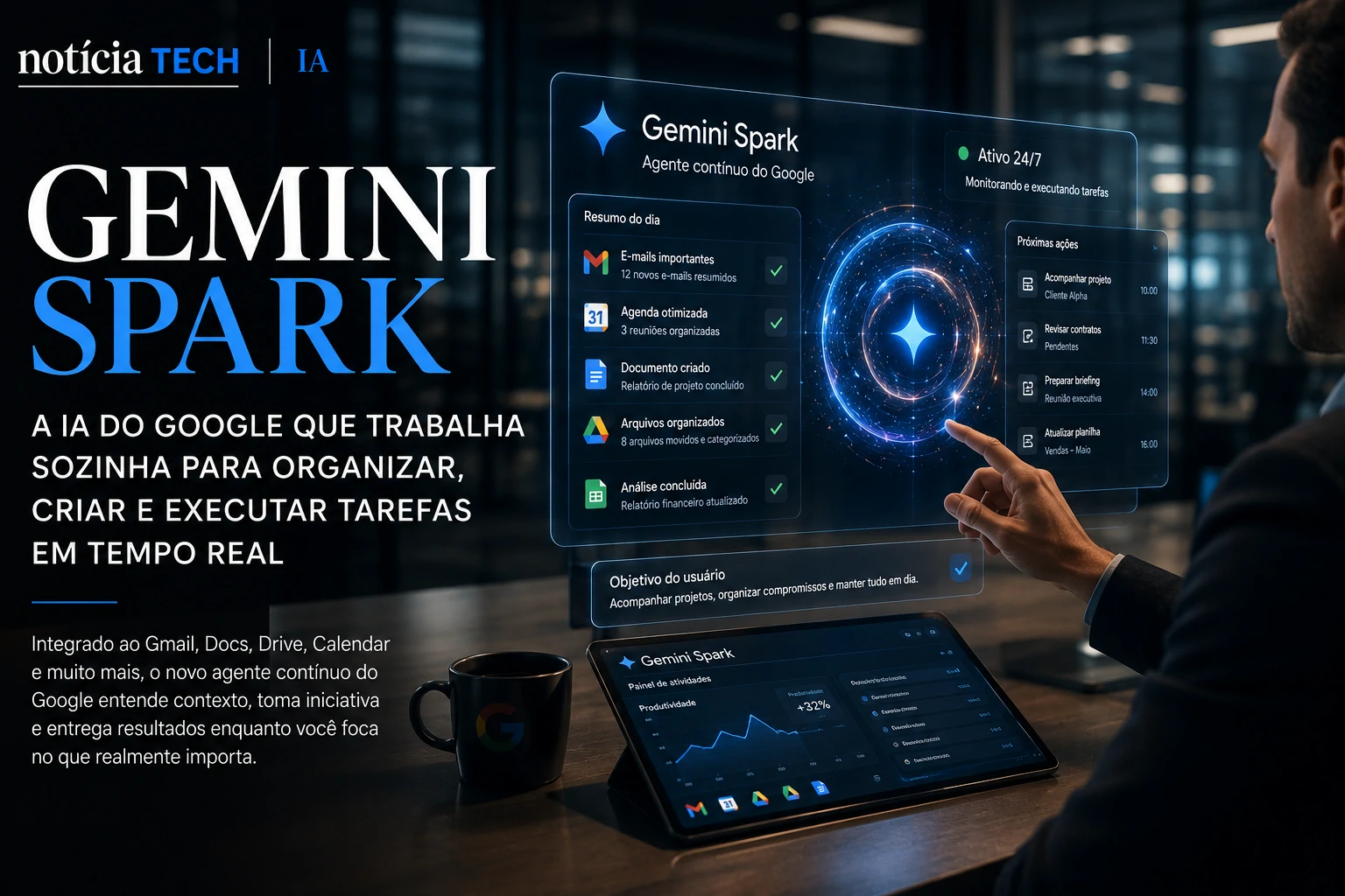 Painel futurista do Gemini Spark integrado ao Gmail, Drive e Docs