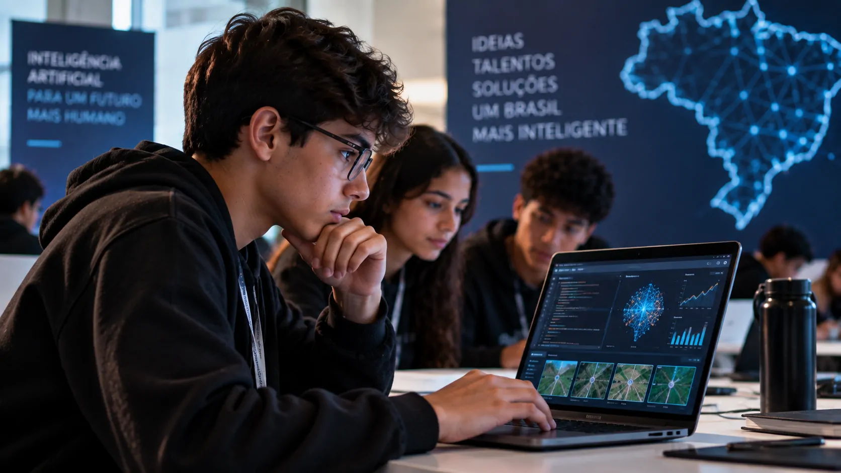 Estudante analisando dados para desenvolver uma solução baseada em inteligência artificial