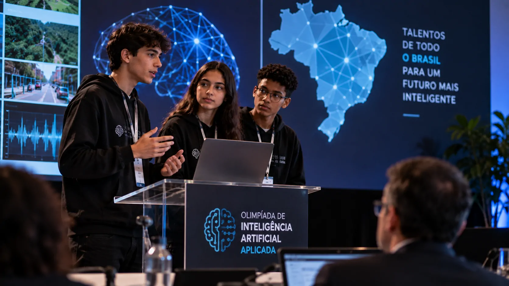 Jovens apresentando soluções de inteligência artificial durante uma competição tecnológica