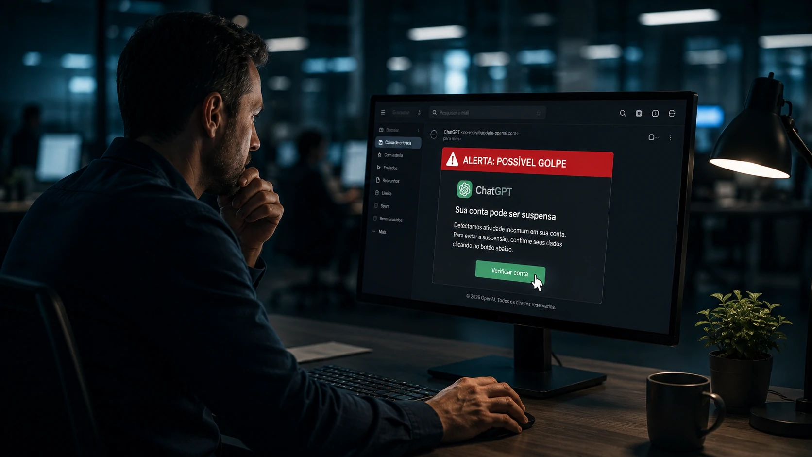 Employee analyzing a phishing attack involving artificial intelligence