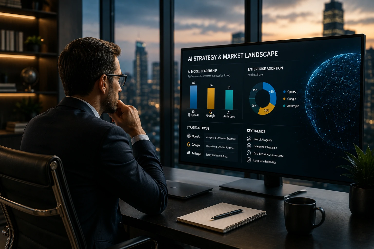 Executivos analisando indicadores de IA e decisões estratégicas em ambiente corporativo.