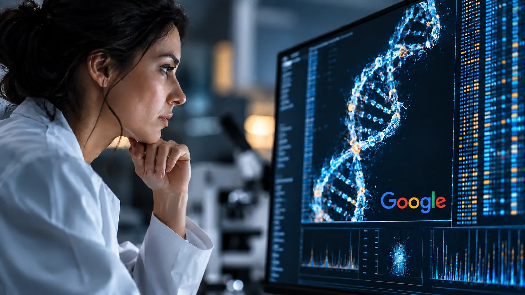 Representação digital de uma sequência de DNA sendo analisada por inteligência artificial
