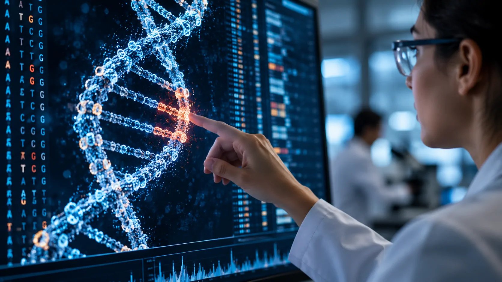 Representação de uma sequência de DNA sendo analisada por inteligência artificial, com diferentes variantes destacadas