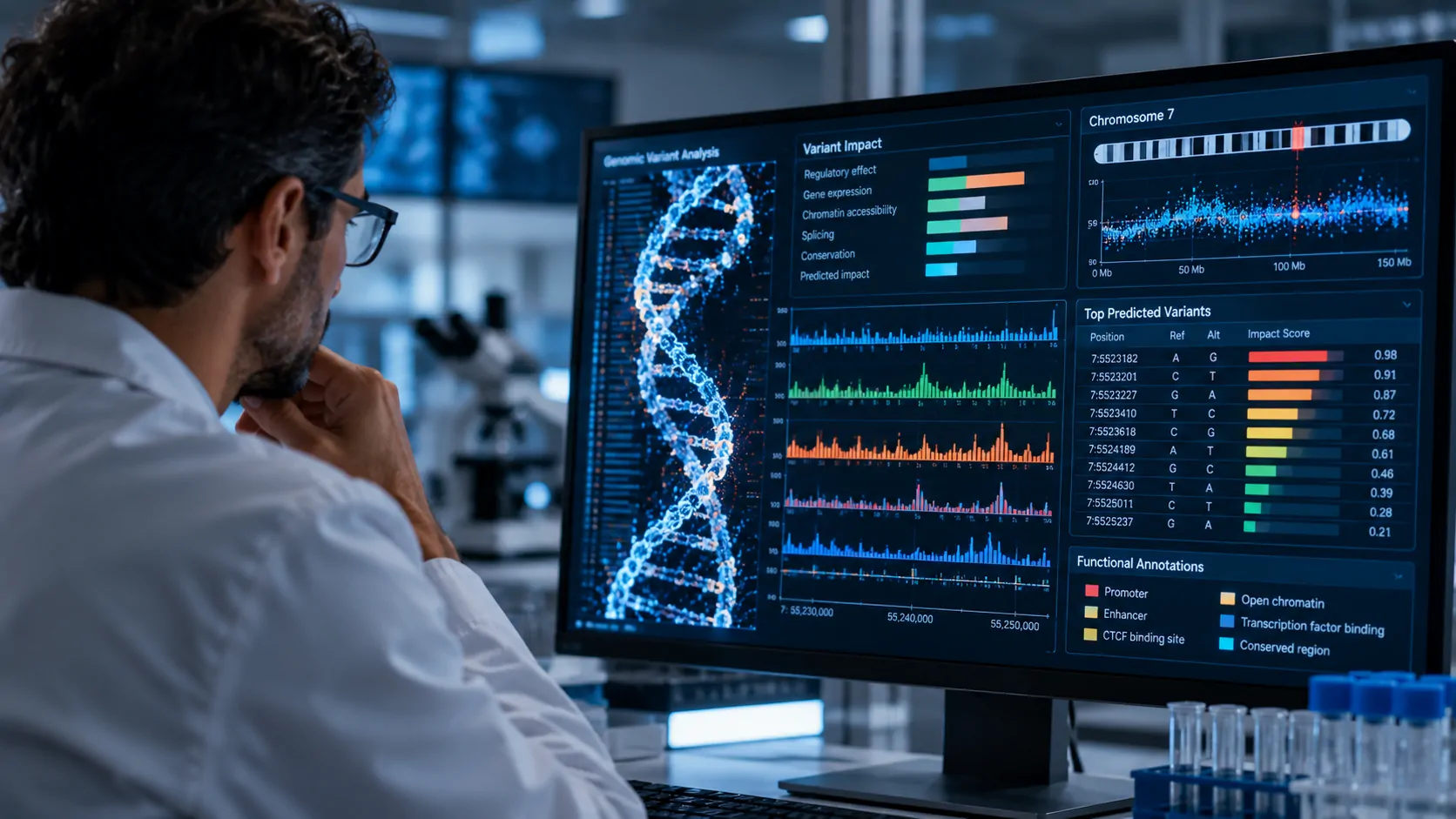 Cientista analisando dados genéticos em uma interface computacional, com variantes de DNA organizadas por níveis de impacto
