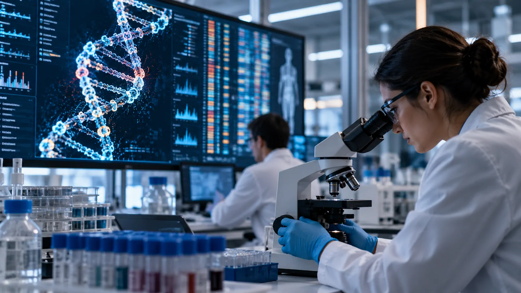 Visualização de pesquisadores conectando previsões de IA a experimentos genéticos em laboratório