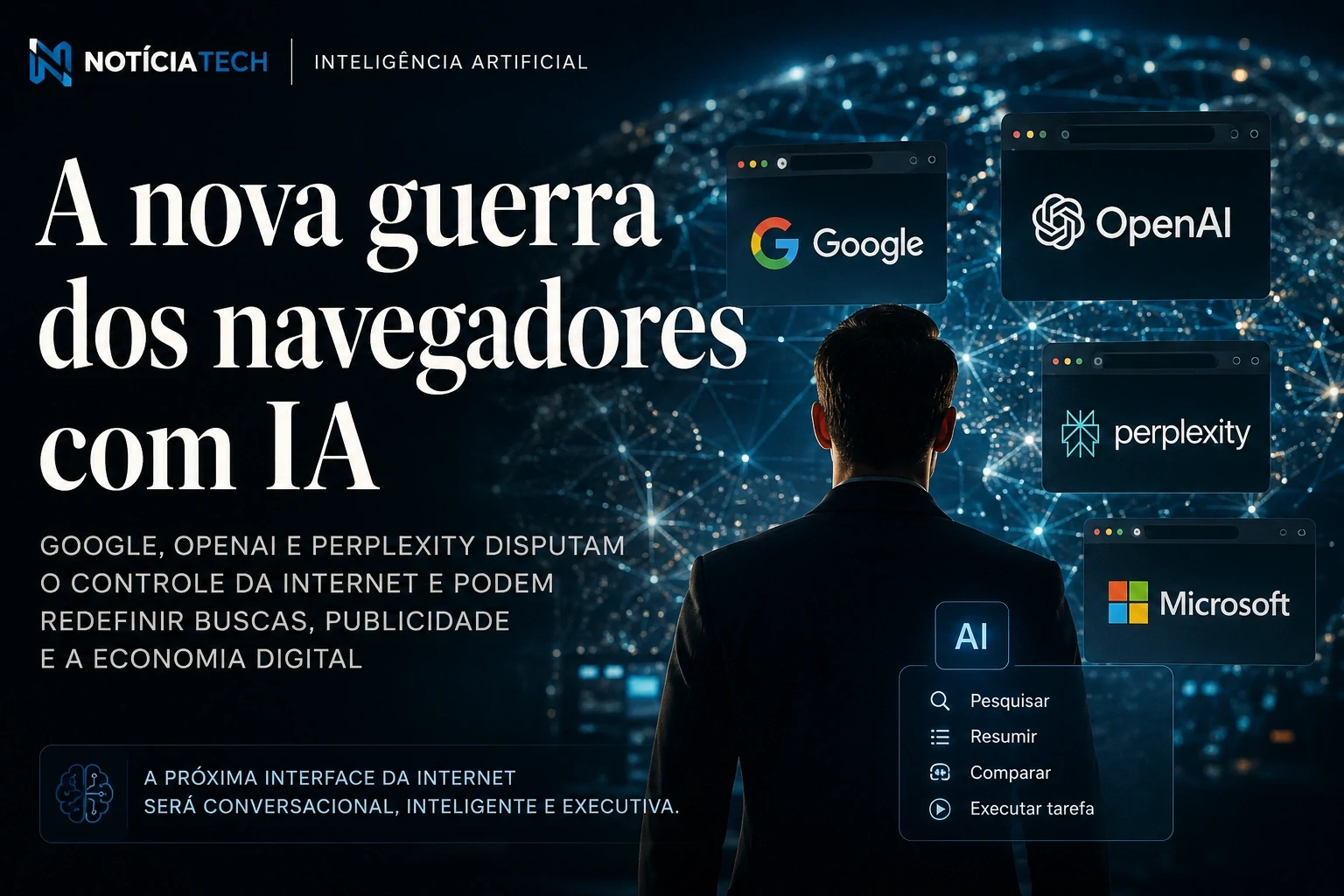 Executivos de tecnologia observando interfaces de navegadores com IA em ambiente corporativo futurista