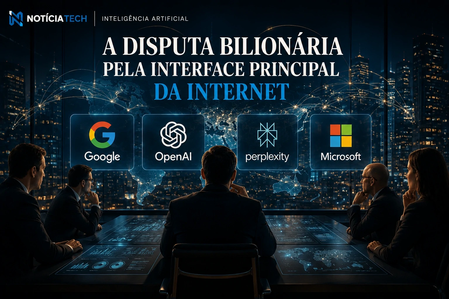 Executivos de big techs observando ecossistema de IA e interfaces digitais