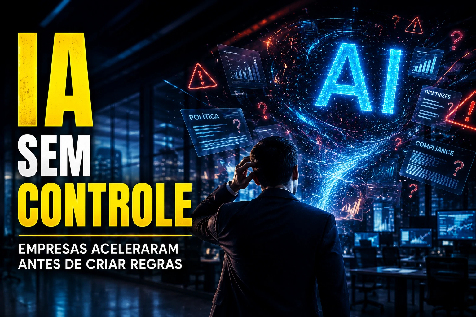 Equipe corporativa utilizando inteligência artificial em ambiente empresarial