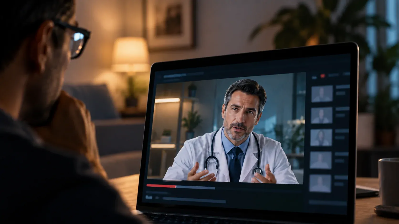 Avatar criado por inteligência artificial apresentado como médico diante de uma tela de vídeo