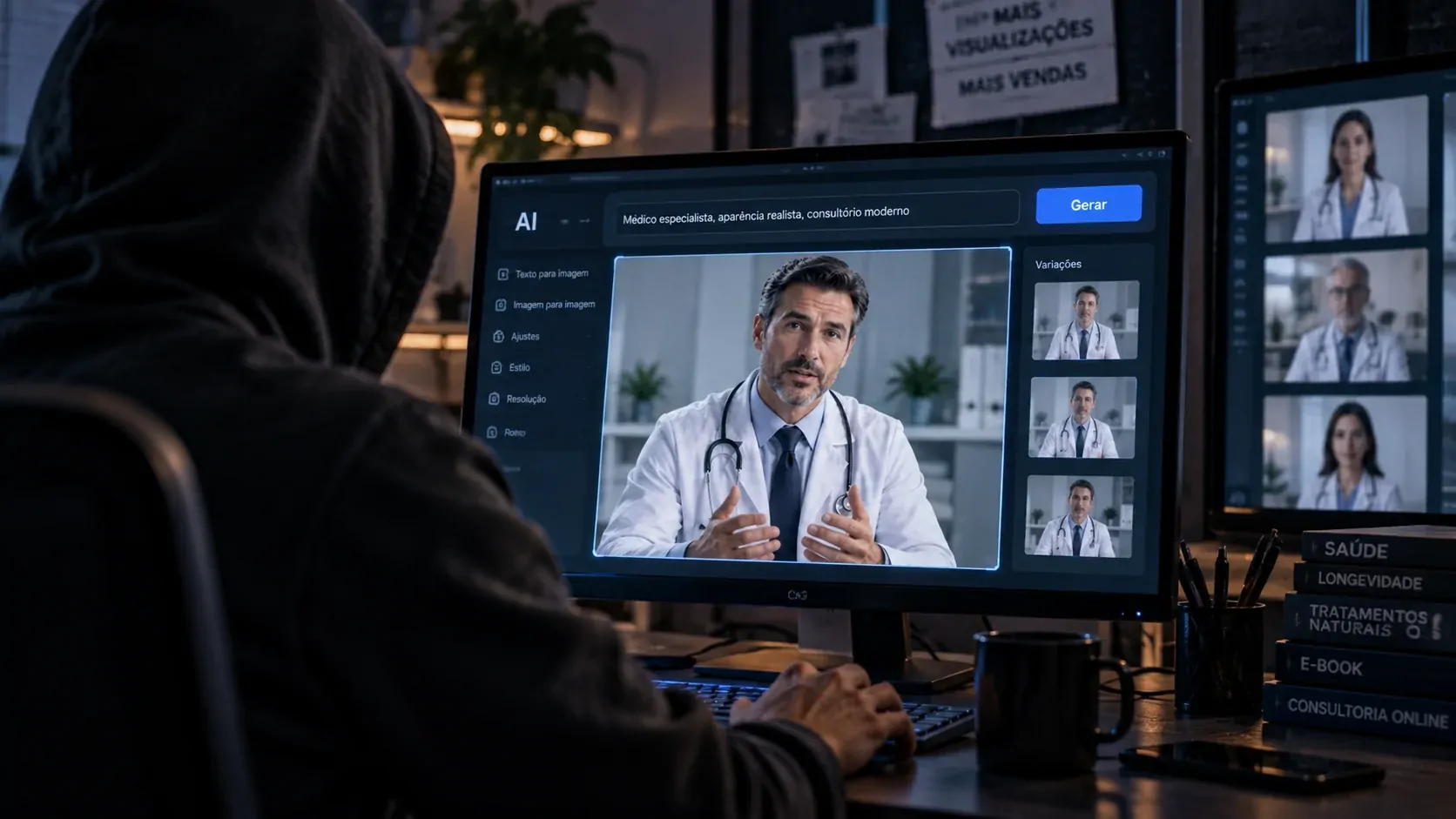 Avatar criado por IA apresentado como médico em um ambiente de consulta digital