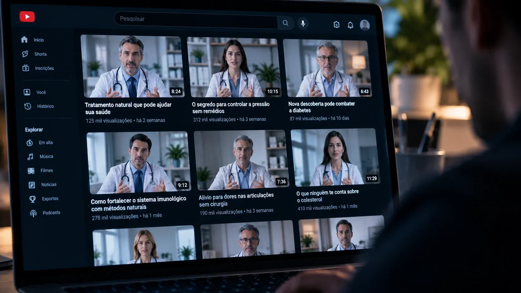 Tela de plataforma de vídeo exibindo conteúdos sintéticos e mecanismos de identificação de conteúdo gerado por IA