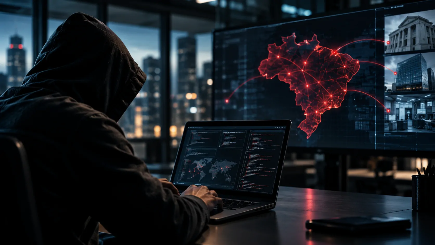Representação de uma inteligência artificial analisando uma rede corporativa sob ataque cibernético