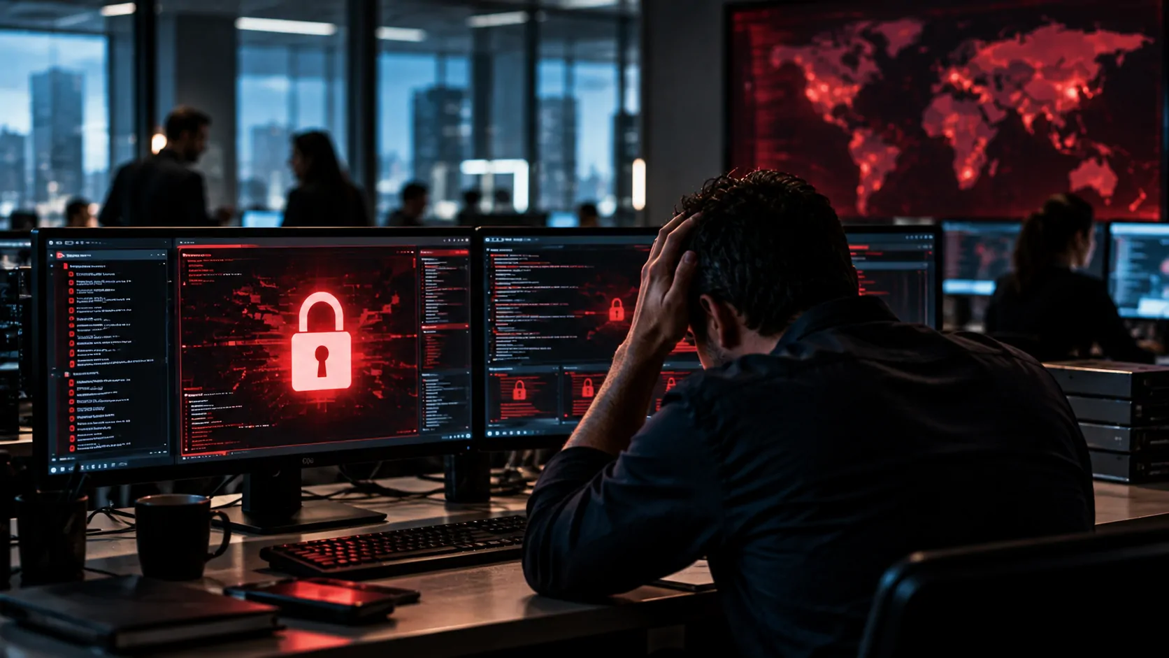 Ambiente corporativo interrompido por um ataque de ransomware com sistemas digitais indisponíveis