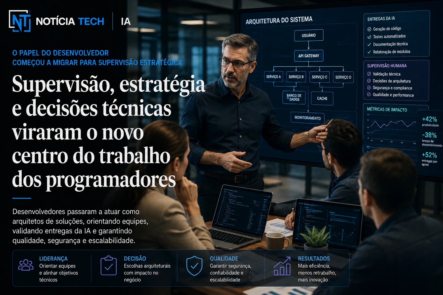 Equipe técnica analisando código gerado por inteligência artificial