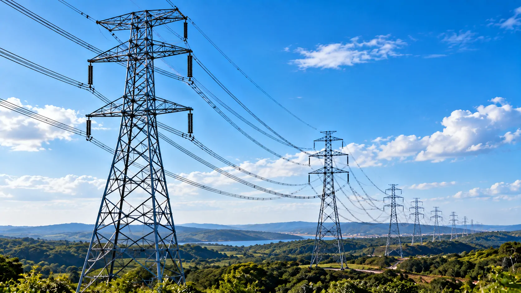 Data center de grande porte conectado visualmente a linhas de transmissão e subestações de energia no Brasil