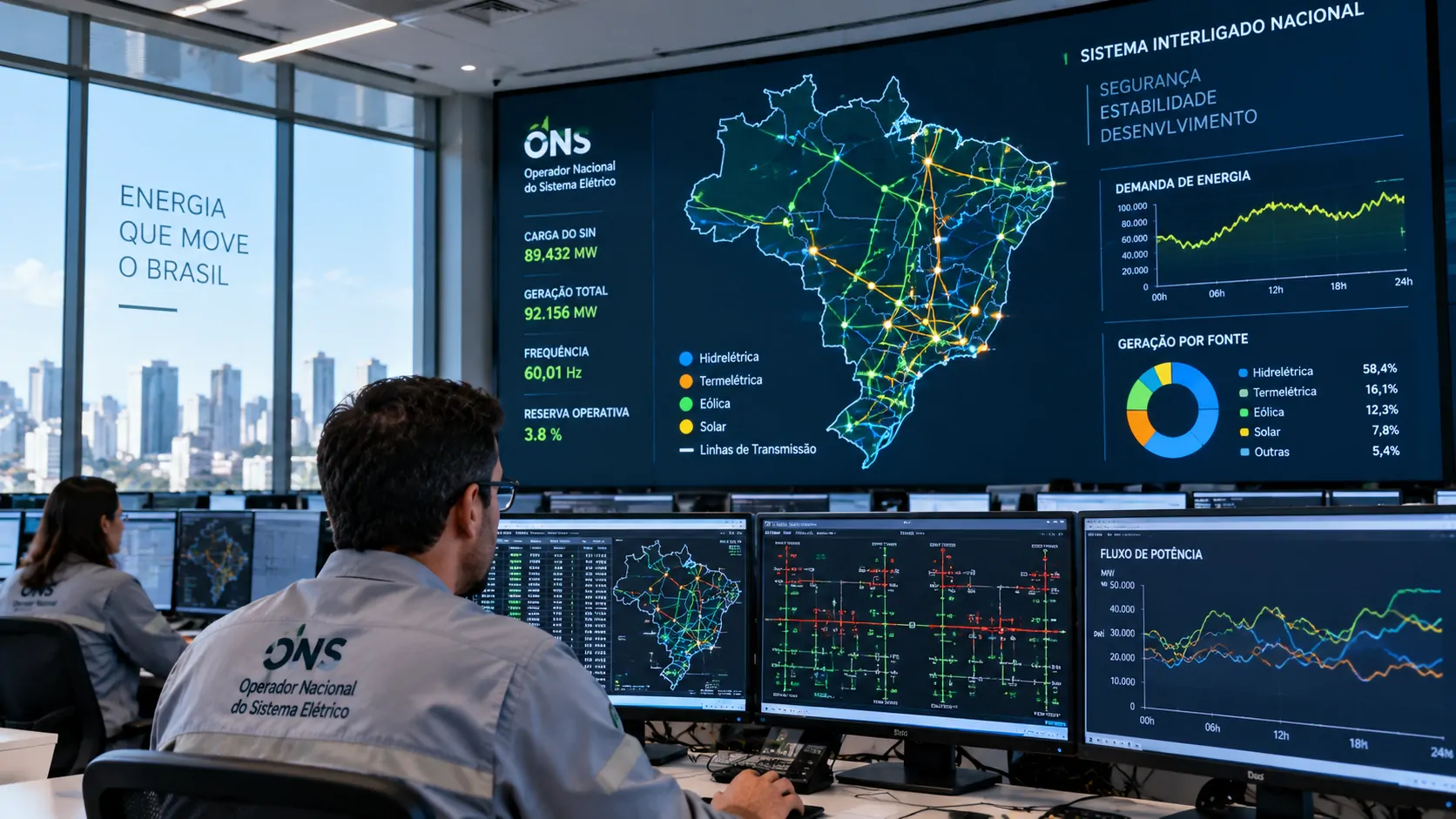 Mapa conceitual do Brasil mostrando regiões de expansão de data centers conectadas a uma rede de transmissão elétrica