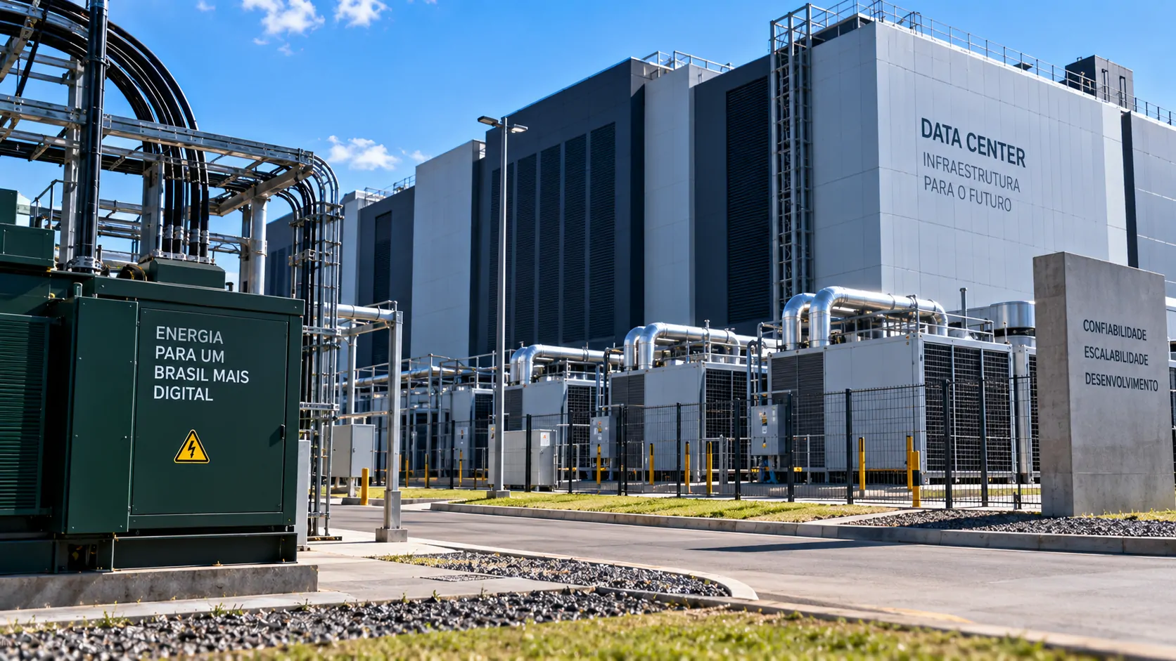 Data center moderno integrado a uma subestação elétrica, com profissionais acompanhando infraestrutura de energia e computação