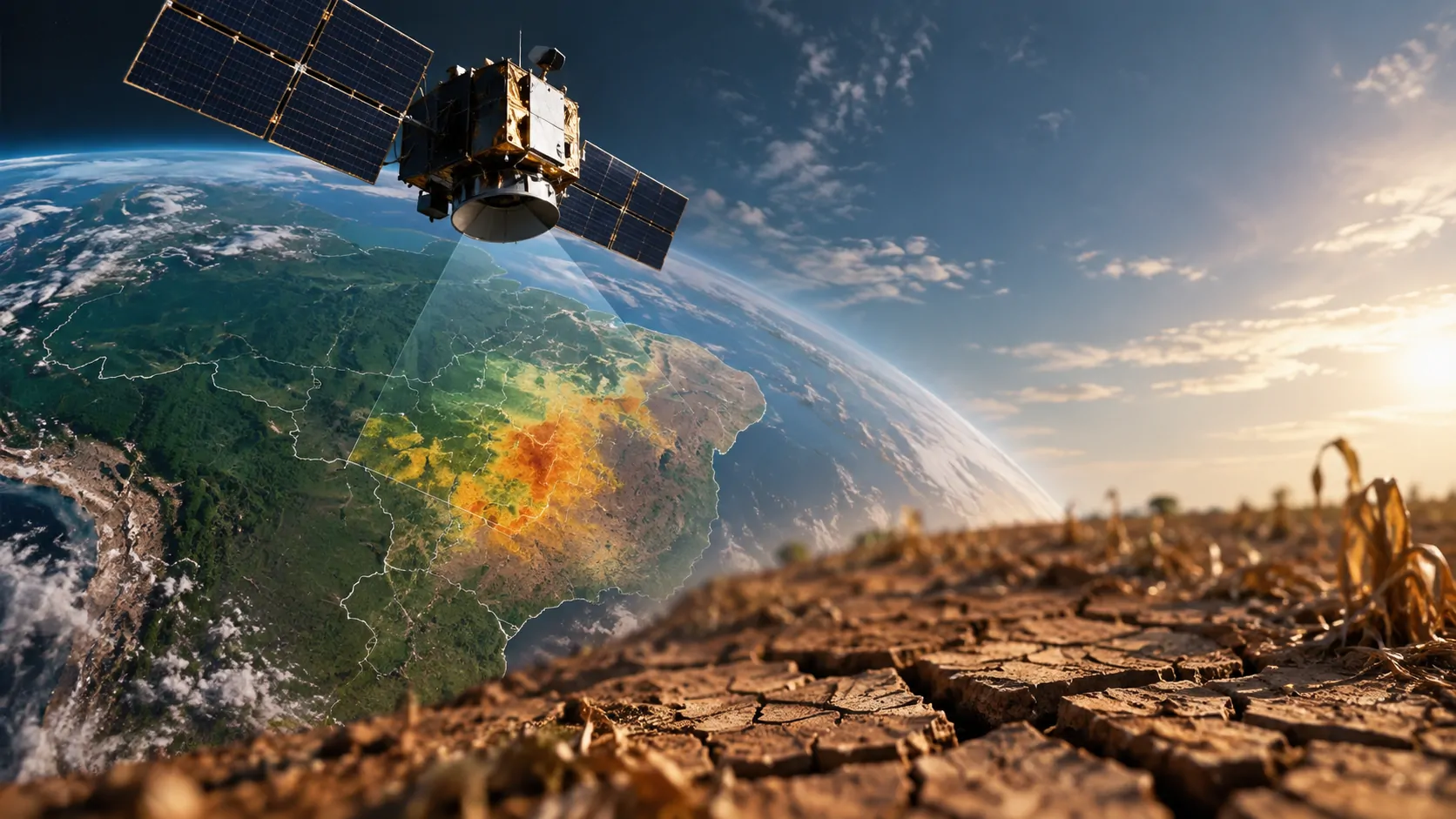 Representação de inteligência artificial analisando imagens de satélite sobre áreas afetadas por seca no Brasil