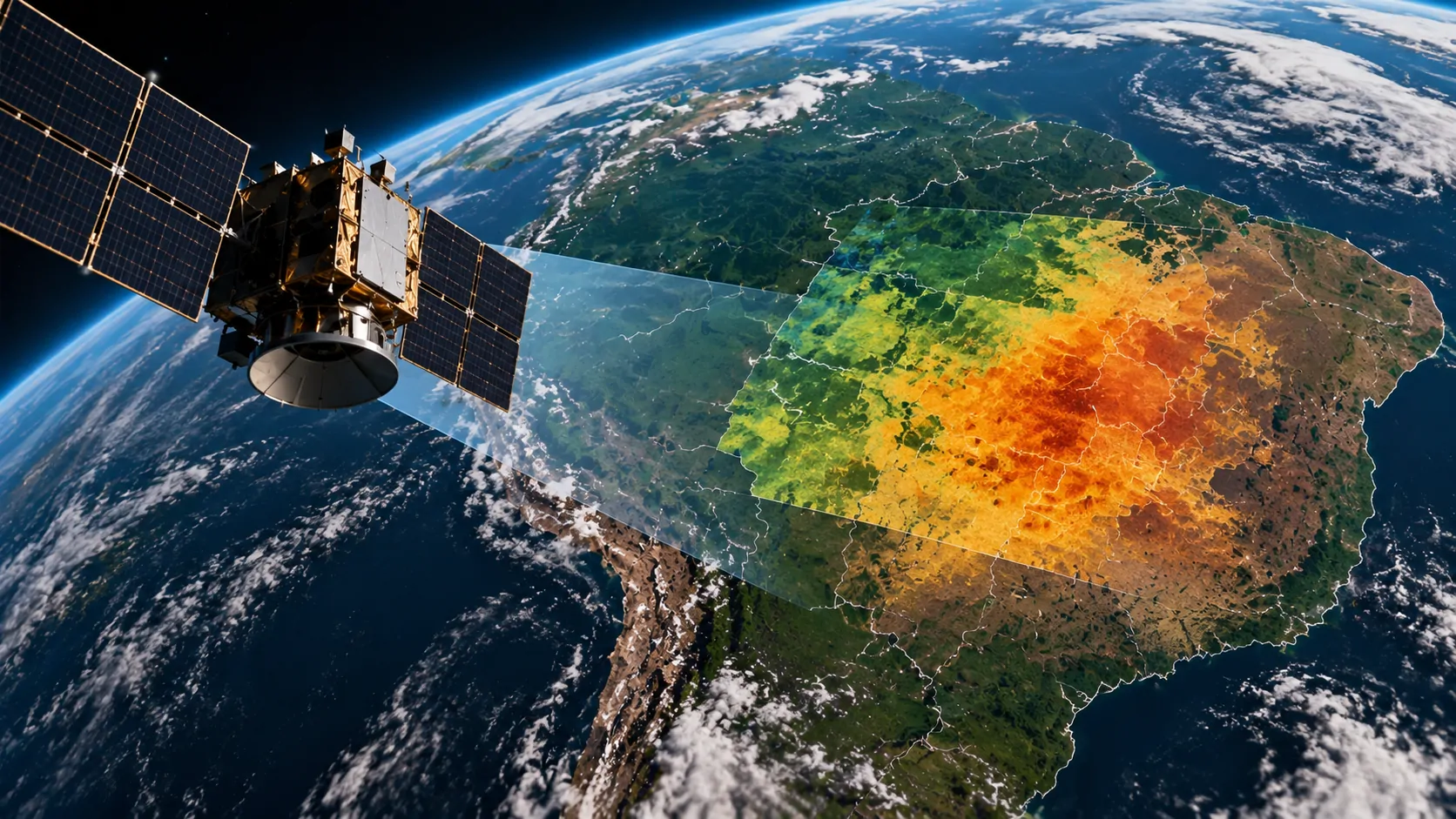 Representação de satélite observando a umidade do solo e áreas agrícolas brasileiras