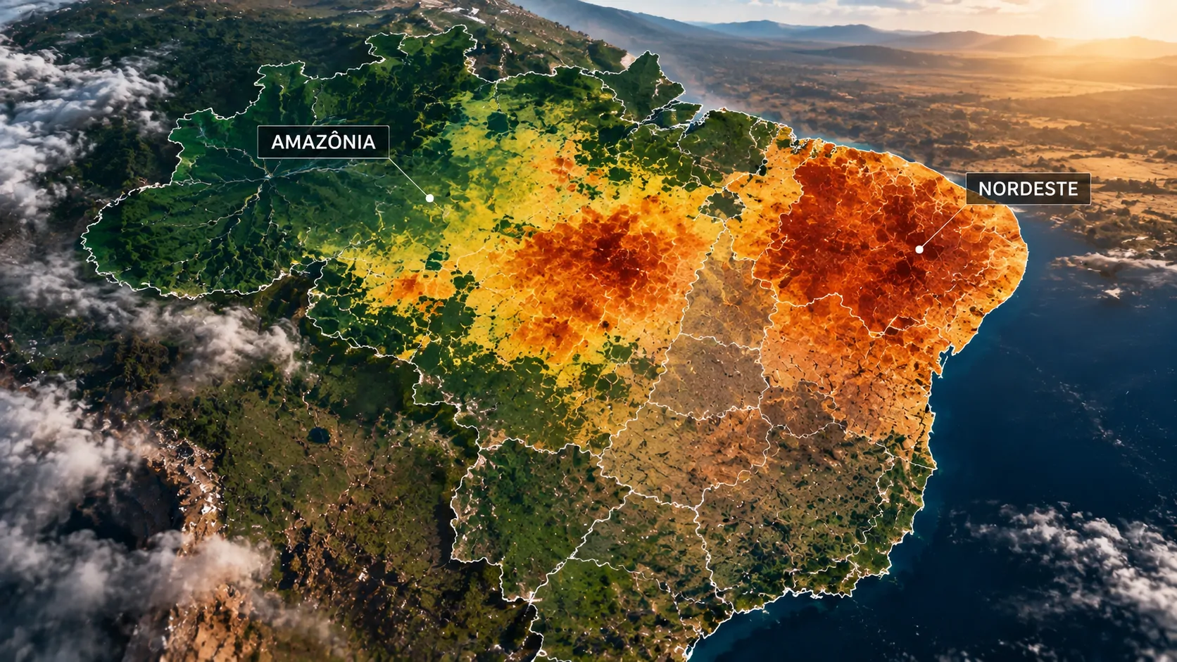 Mapa conceitual do Brasil com Amazônia e Nordeste destacados em cenário de seca rápida
