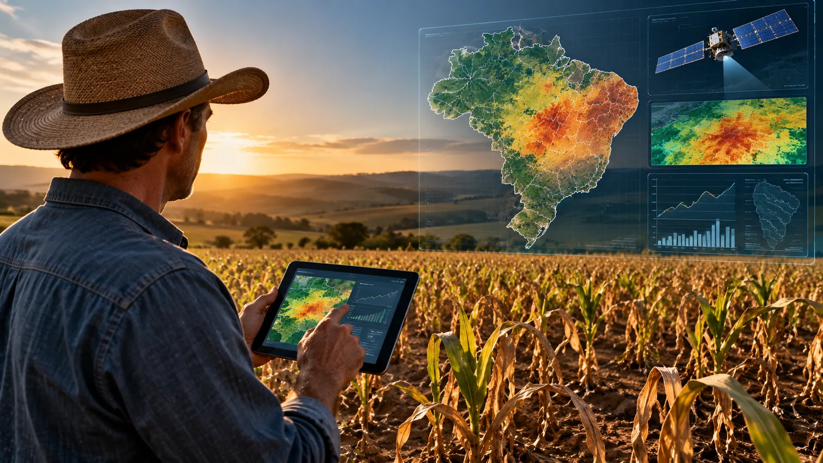 Produtor rural observando uma área agrícola enquanto uma interface digital projeta dados de umidade do solo e risco climático