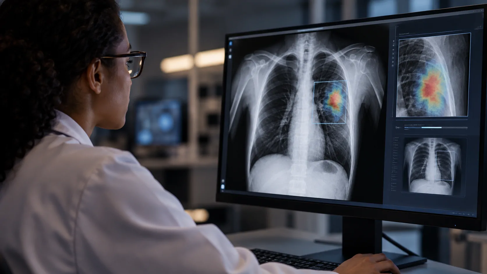 Representação de inteligência artificial analisando uma radiografia dos pulmões