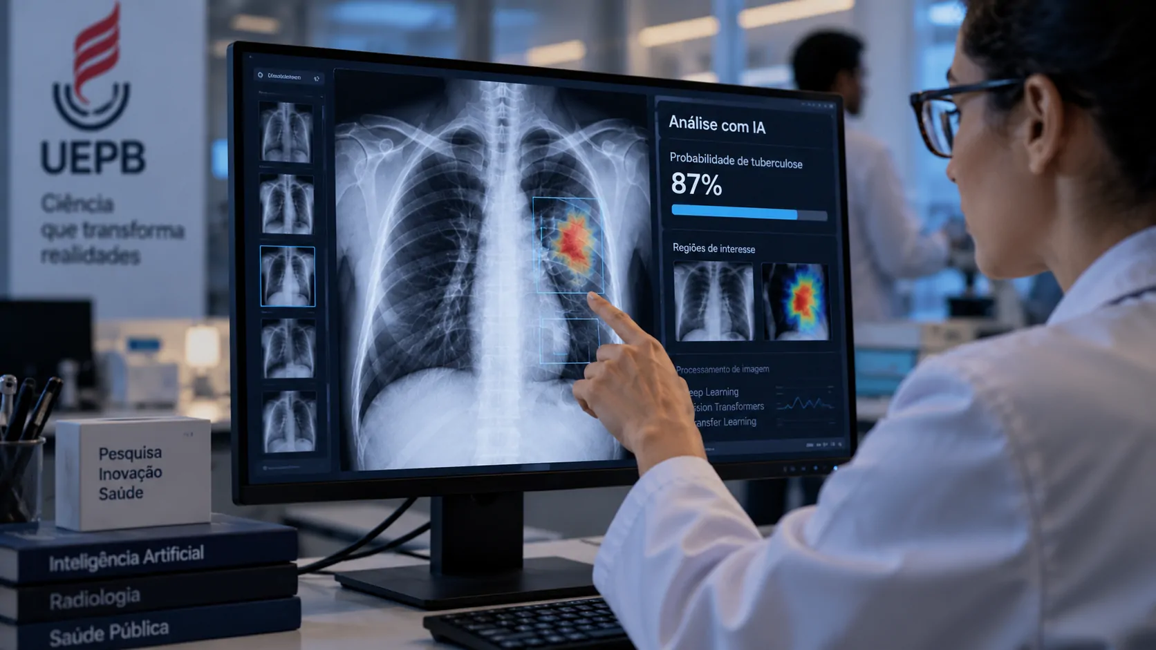 Sistema de inteligência artificial analisando uma radiografia de tórax em ambiente de pesquisa médica