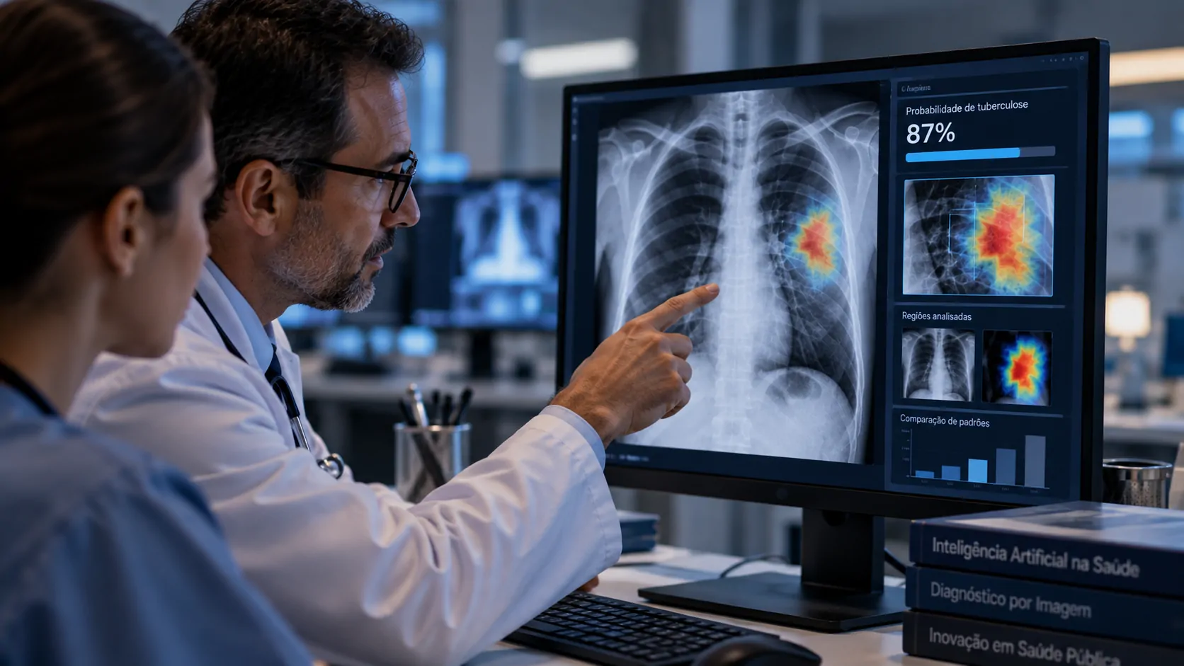 Profissional de saúde avaliando radiografia de tórax ao lado de uma interface digital de inteligência artificial