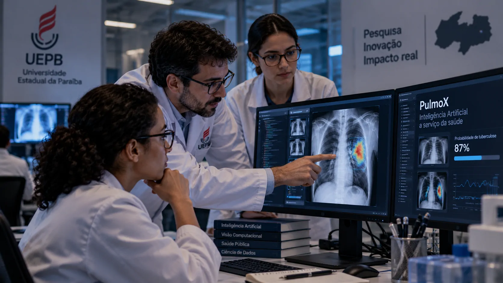 Pesquisadores analisando dados médicos e radiografias em um laboratório universitário de inteligência artificial