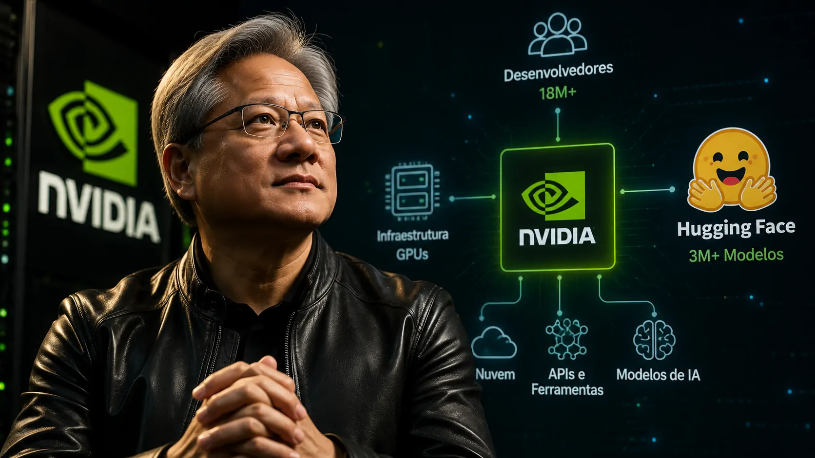 Jensen Huang diante de uma representação visual da Nvidia conectando infraestrutura de computação, modelos abertos e desenvolvedores de inteligência artificial