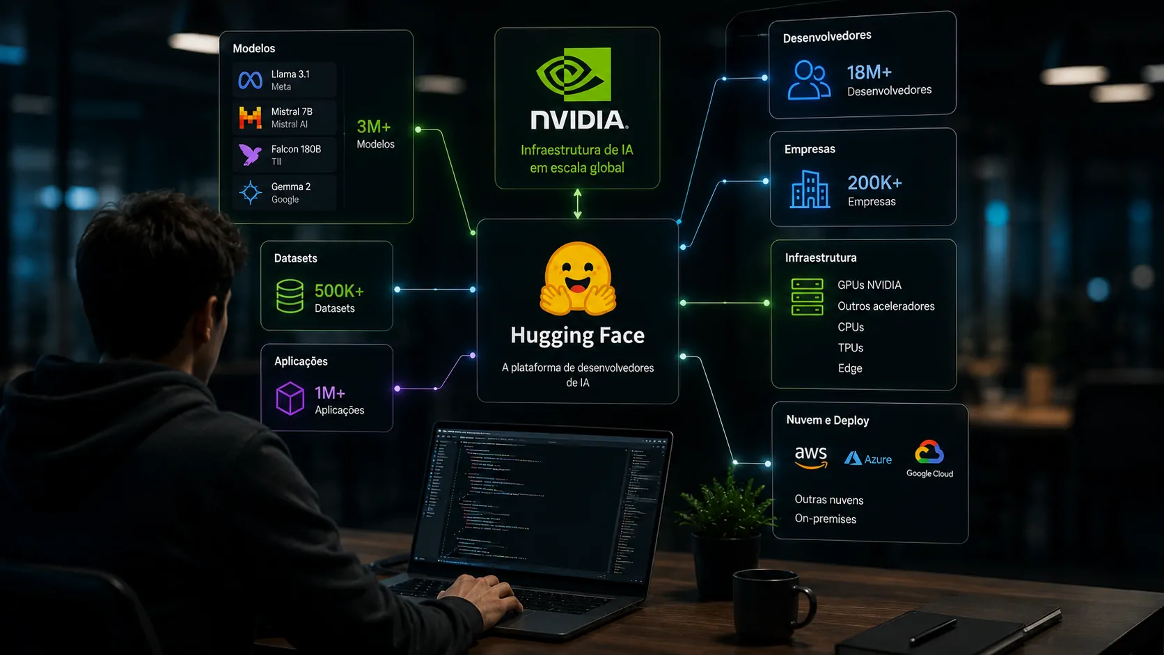 Desenvolvedores, modelos de inteligência artificial e infraestrutura de computação conectados em uma representação do novo ecossistema estratégico da Nvidia