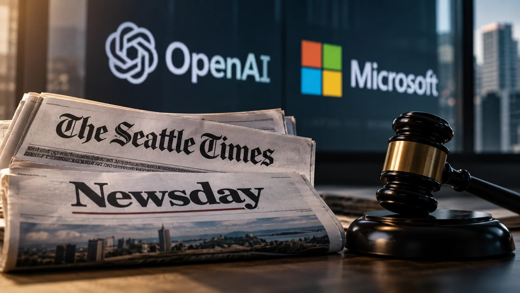 Representation of American newspapers alongside OpenAI and Microsoft logos in a dispute over artificial intelligence training