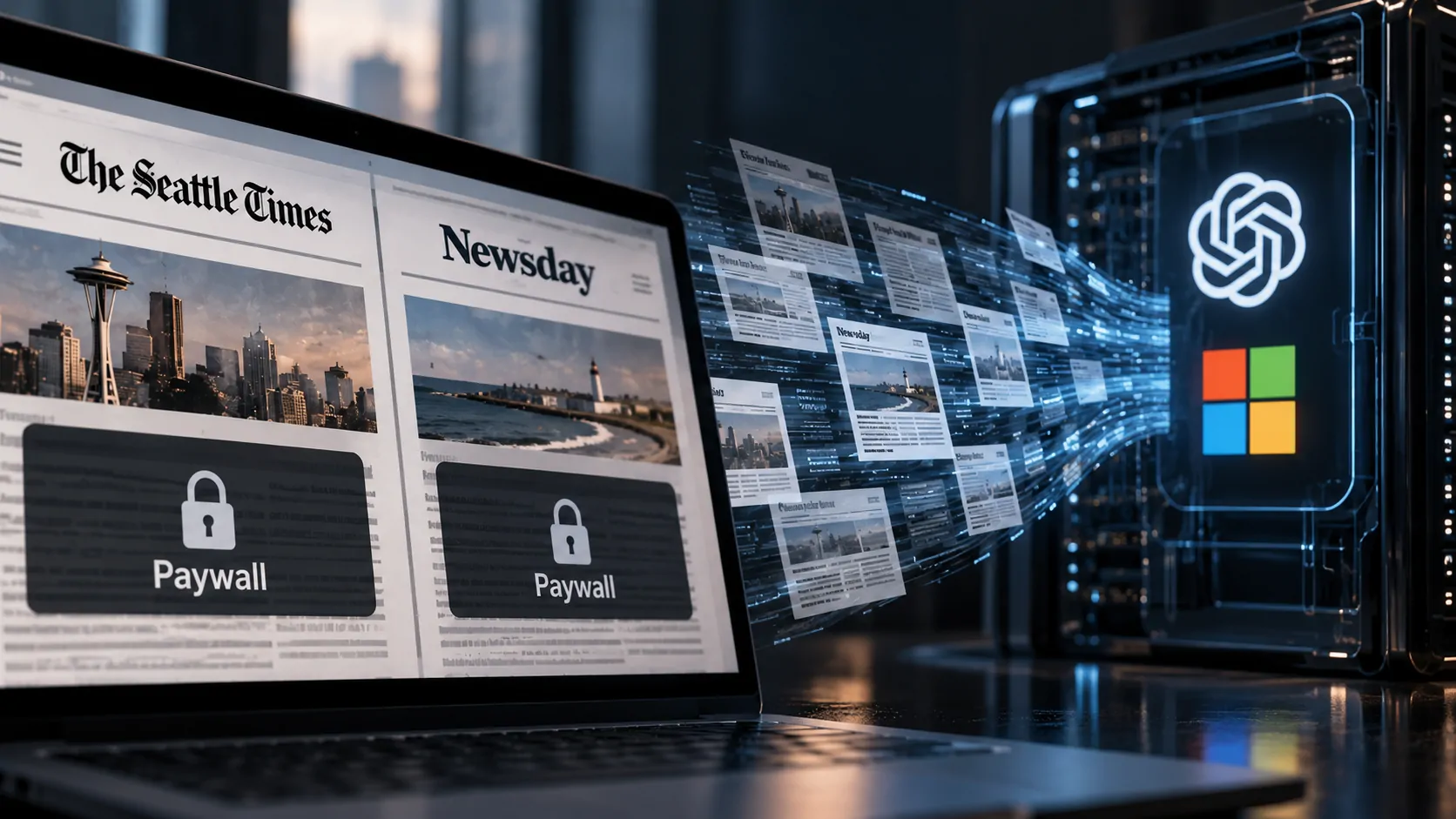 Editorial representation of news articles behind a paywall being incorporated into artificial intelligence systems