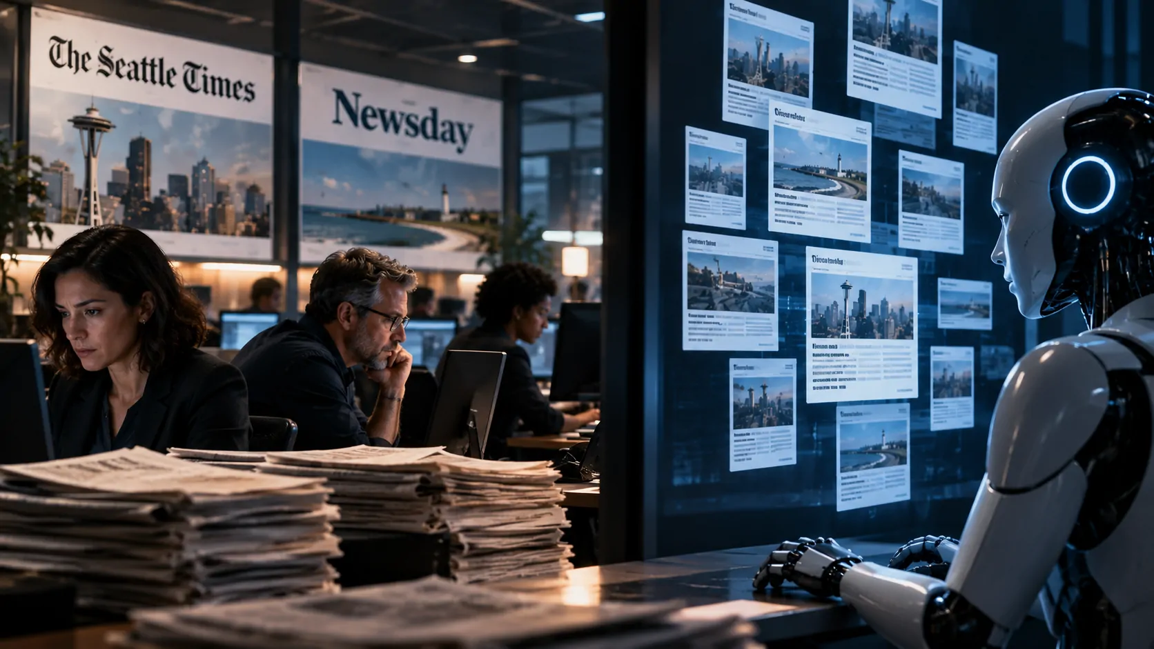 Representation of a newsroom facing an artificial intelligence interface, symbolizing the future of news production and distribution