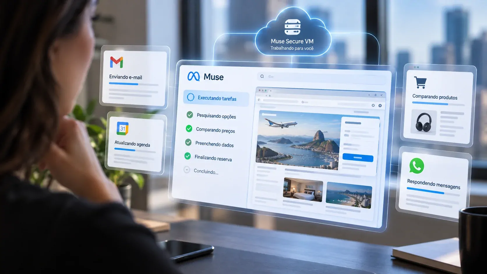 Interface conceitual mostrando o Muse executando compras, e-mails e reservas em uma máquina virtual segura