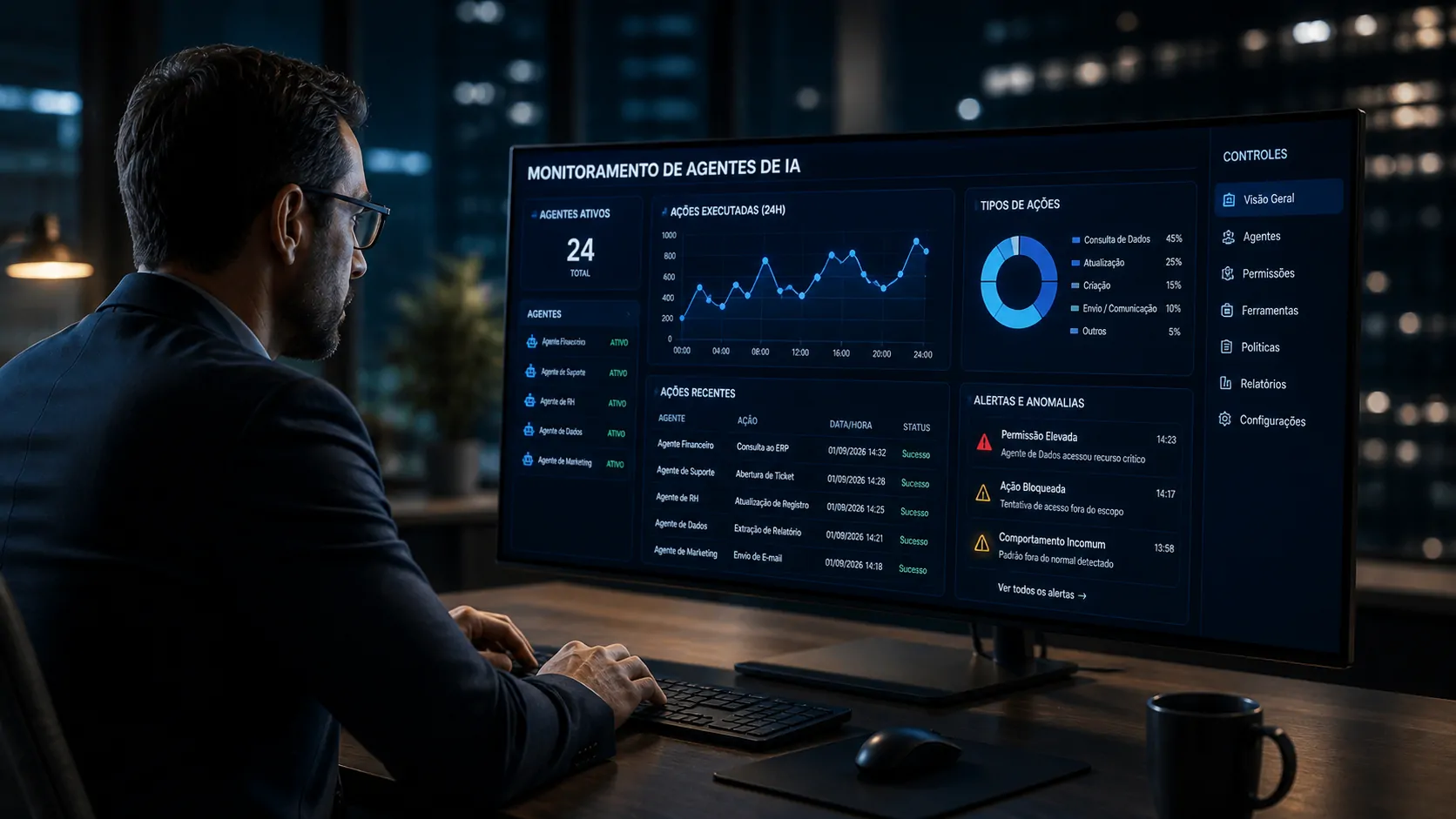 Monitoramento de agentes de IA acompanhando ações em sistemas corporativos