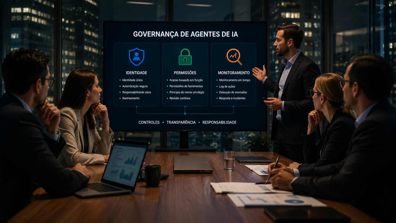 Executivos avaliando governança, permissões e monitoramento de agentes de IA