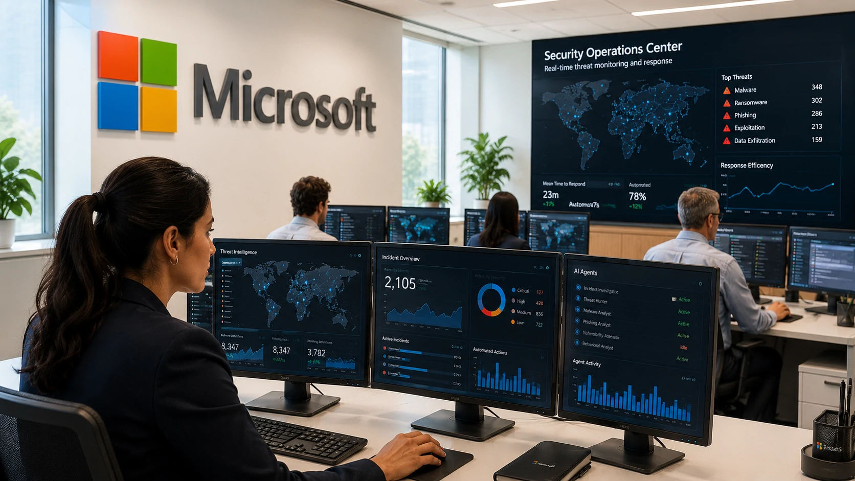 Enterprise security operations center using Microsoft AI agents for cybersecurity monitoring.