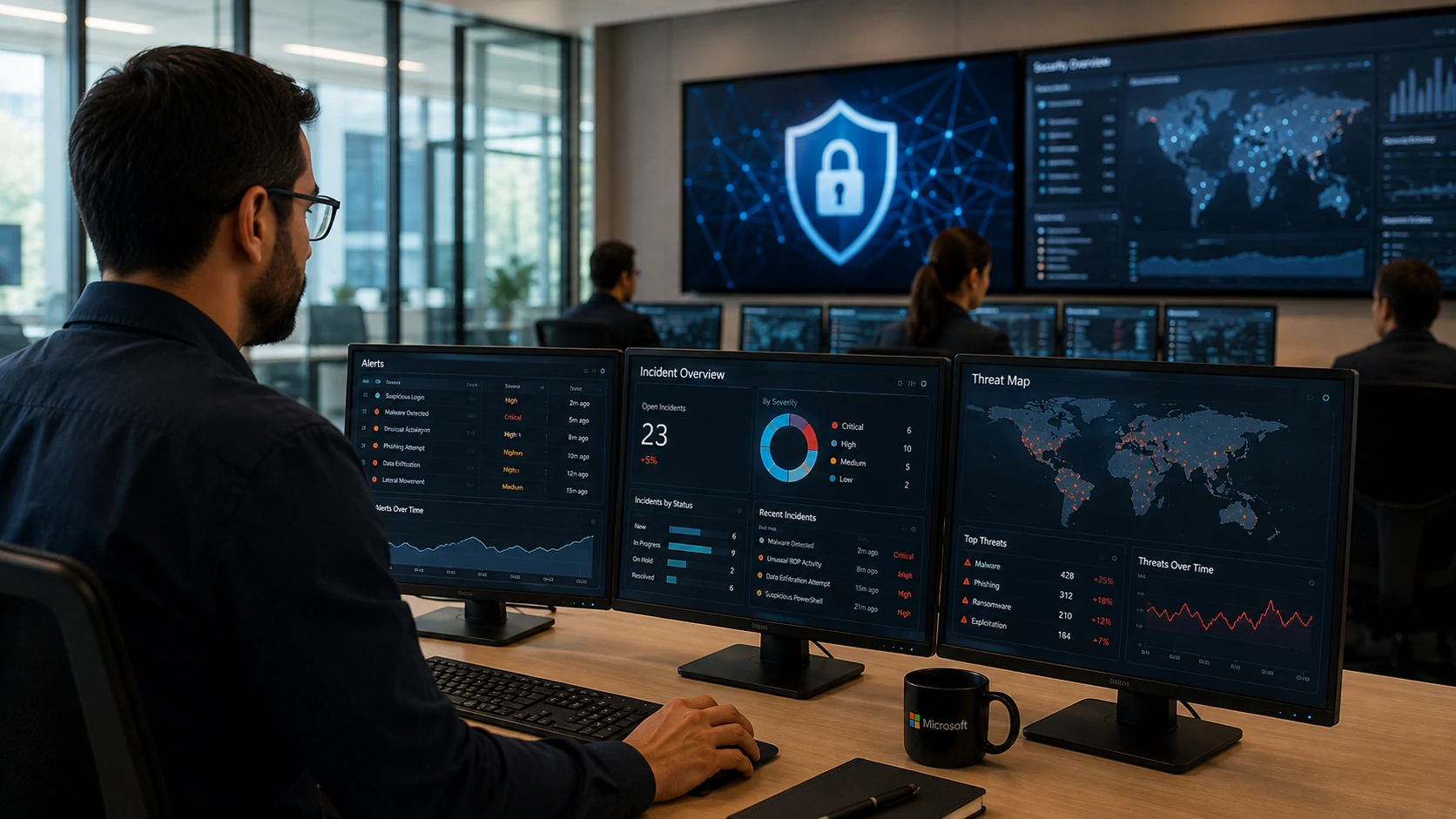 AI agents monitoring cyber threats inside a modern security operations center