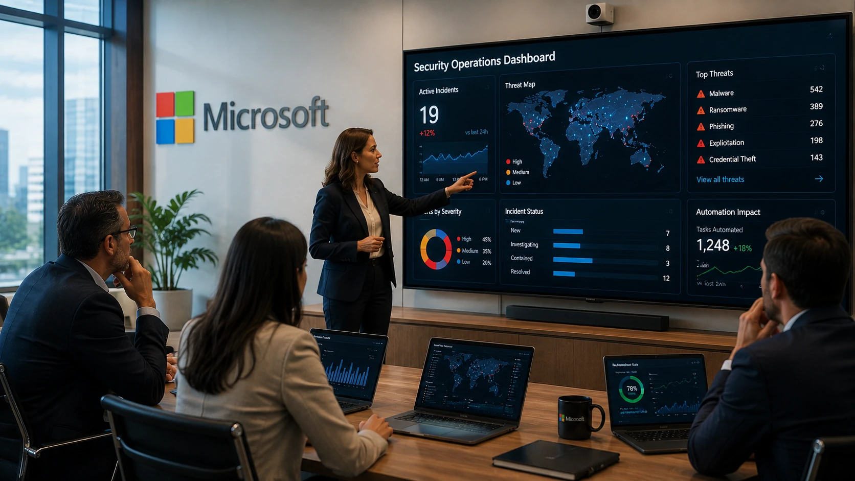 Executives monitoring enterprise AI cybersecurity dashboards