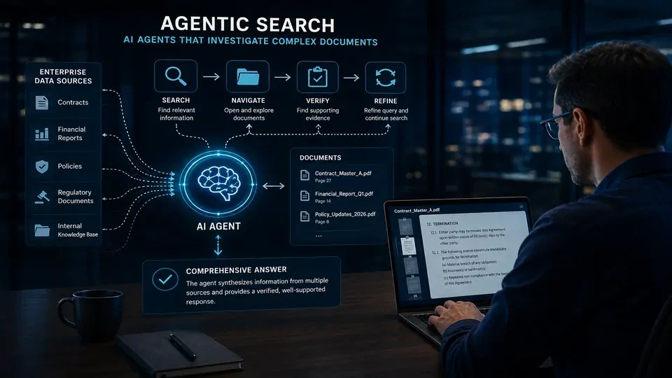 Agente de IA analisando contratos, relatórios financeiros e documentos corporativos em uma interface de busca