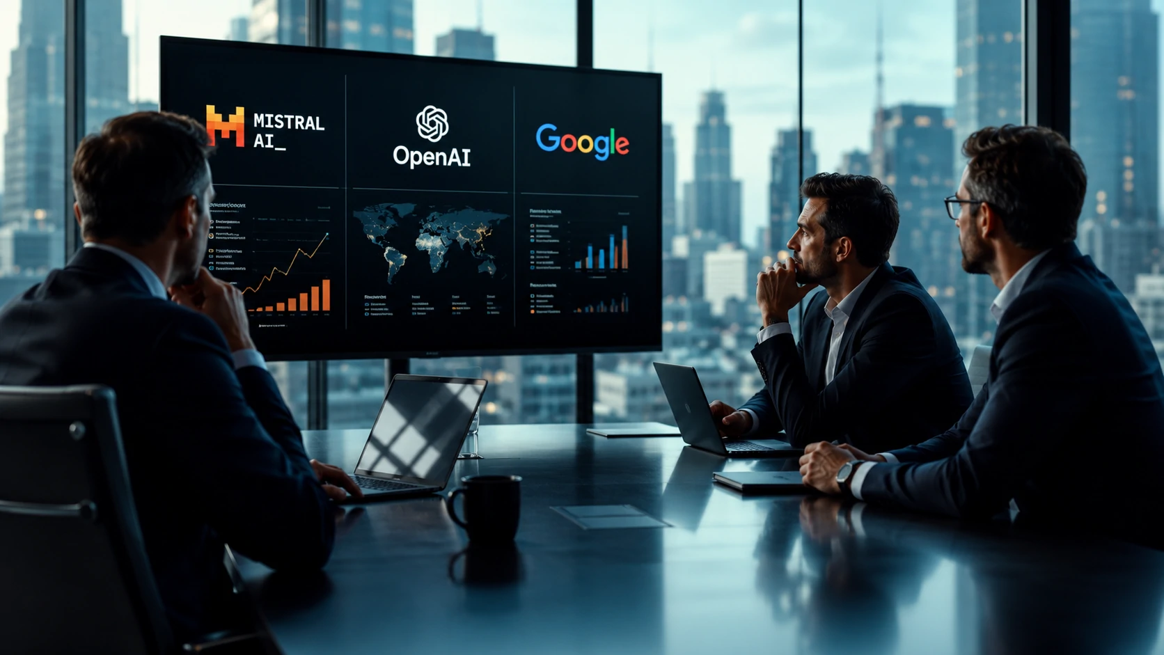 Executivos analisando a estratégia da Mistral AI diante da concorrência entre OpenAI e Google.