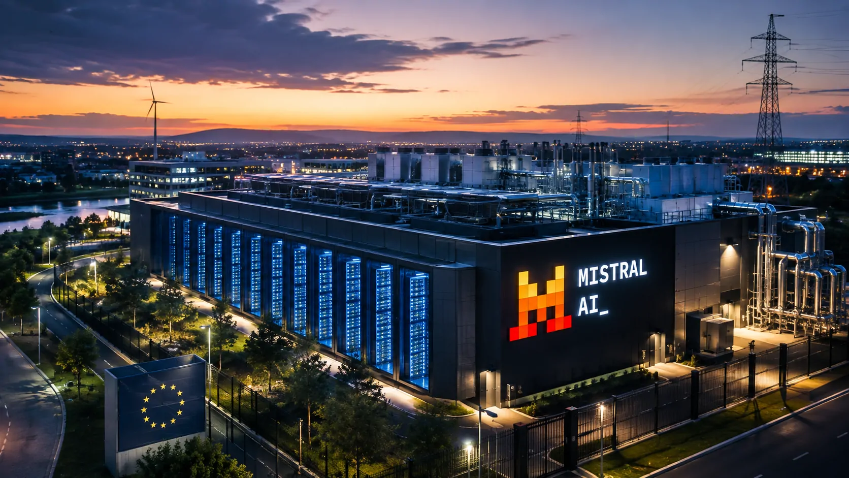 European data center with advanced artificial intelligence infrastructure representing Mistral AI's expansion
