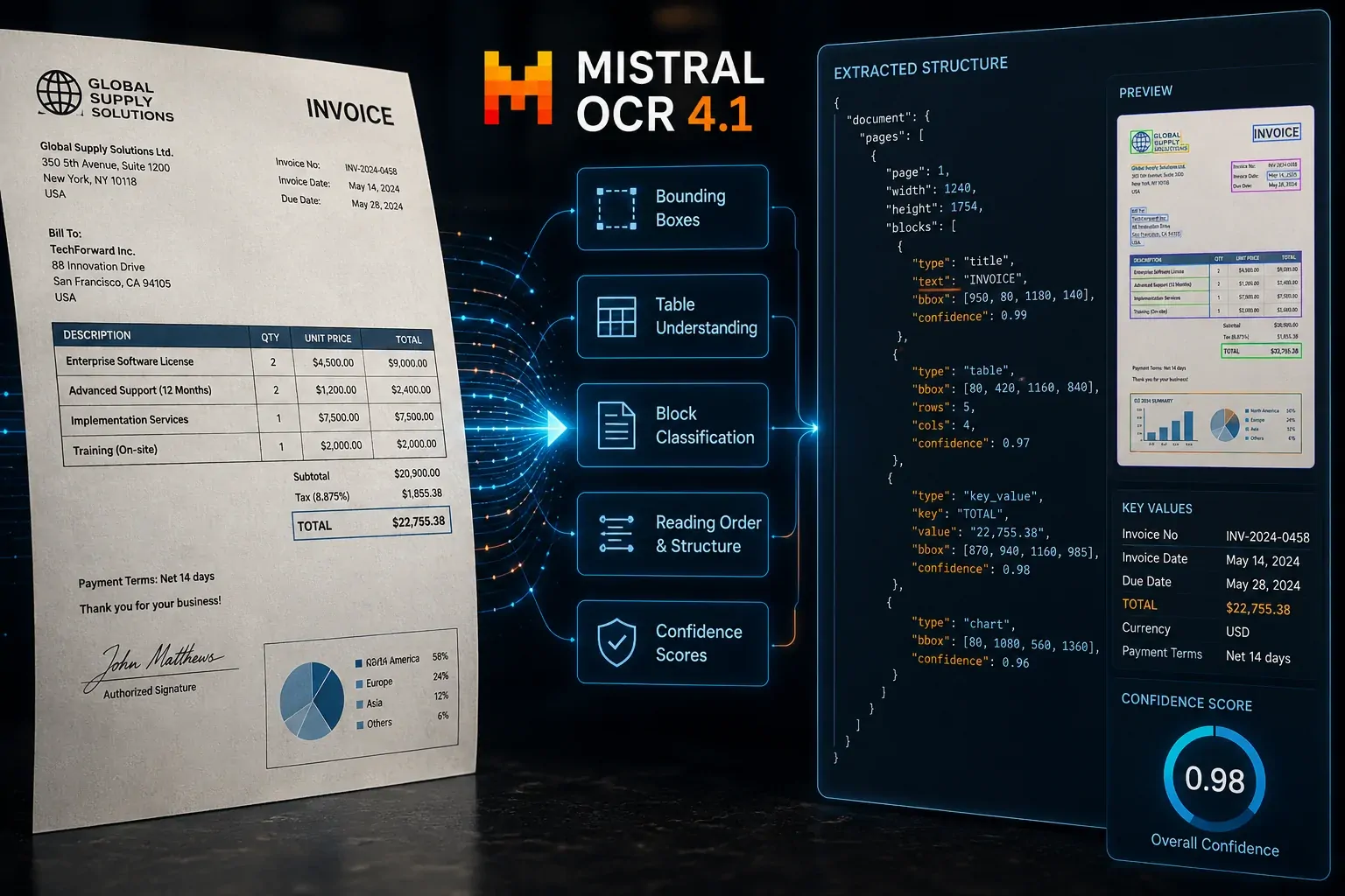 Complex enterprise page being processed by Mistral OCR 4.1, with documents, tables, references, and annotated elements converted into structured data