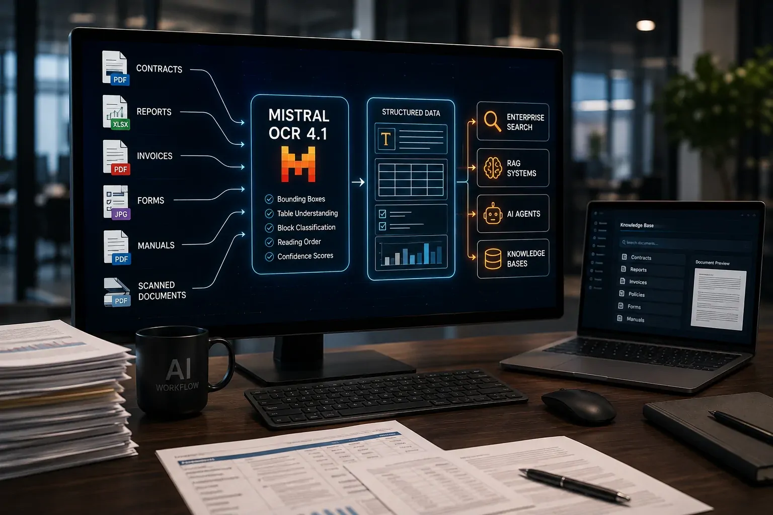 Enterprise system using OCR to transform contracts, reports, forms, and financial documents into structured data for artificial intelligence applications