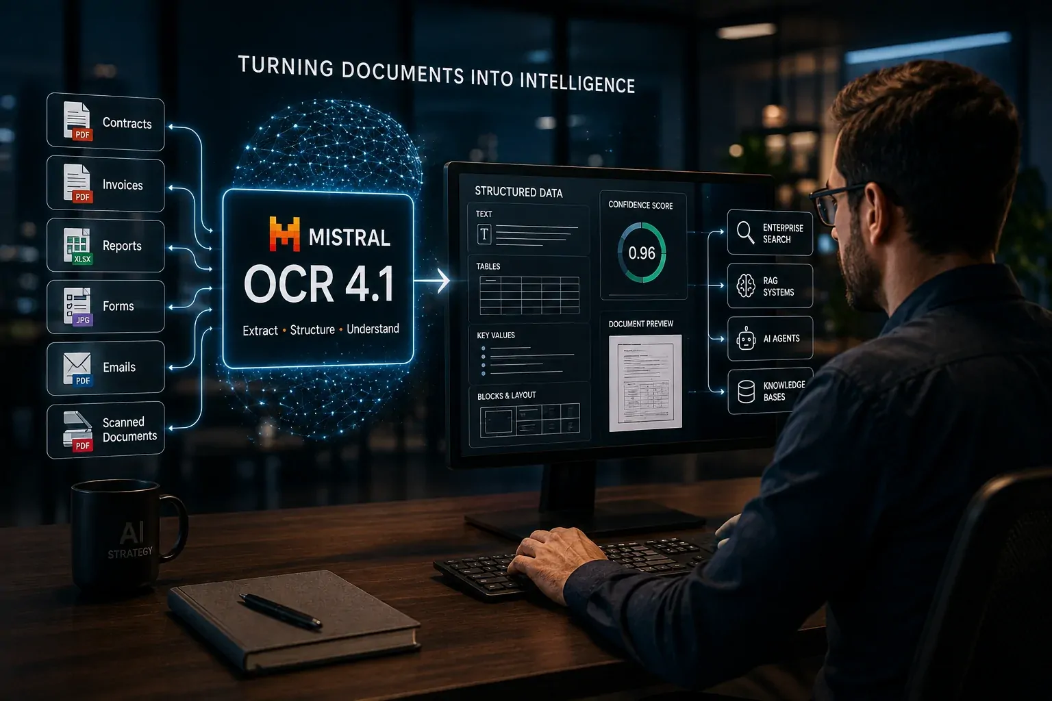 Enterprise AI architecture connecting documents, OCR, RAG, language models, and AI agents to transform unstructured information into decisions and actions