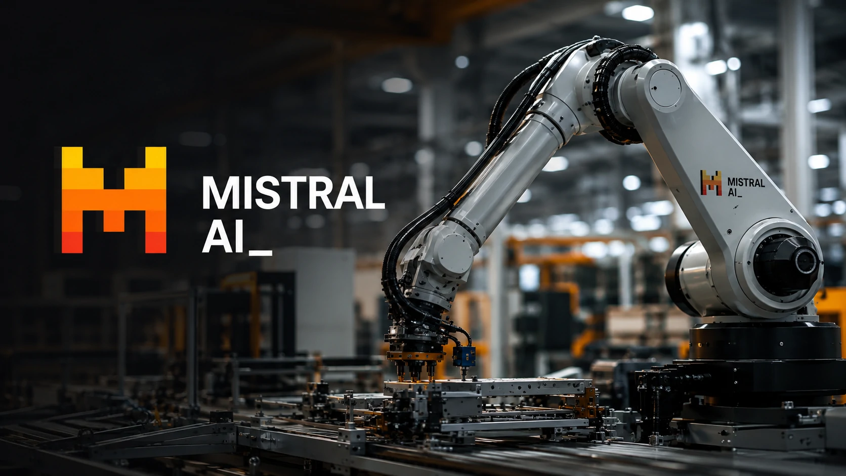Robô industrial operando em fábrica com identidade visual da Mistral AI