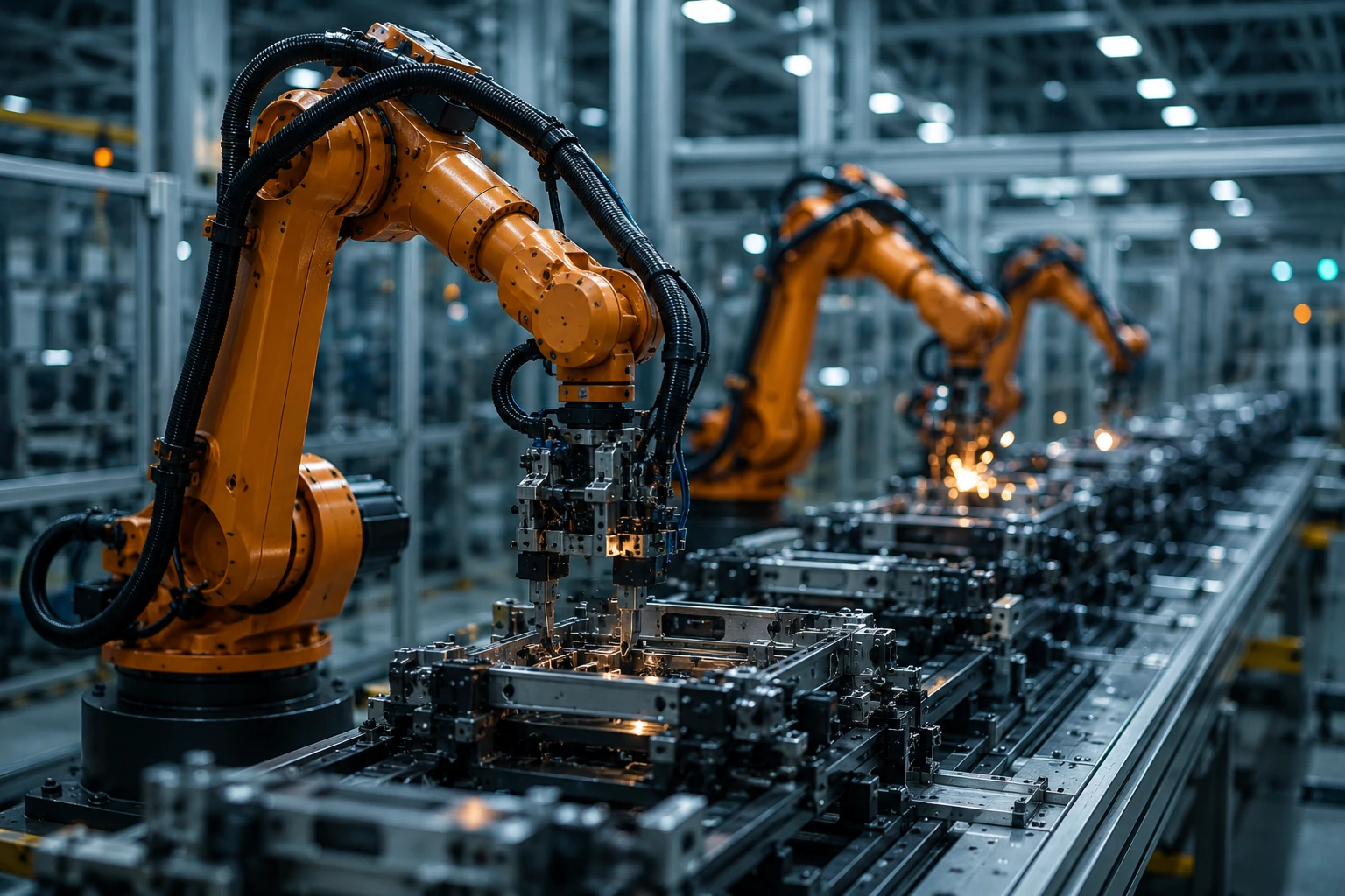 Robôs industriais operando em uma fábrica moderna